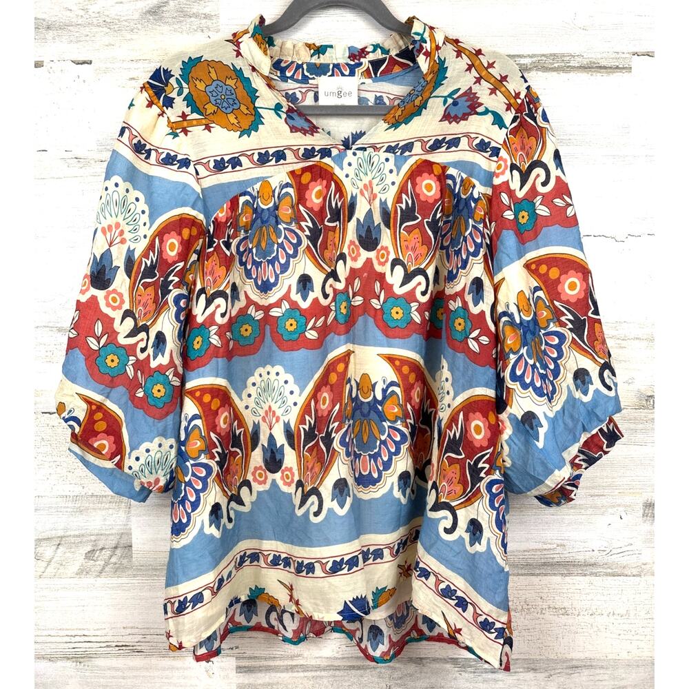 Umgee Womens L Multi Floral Puff Sleeve Blouse Boho Retro Chic